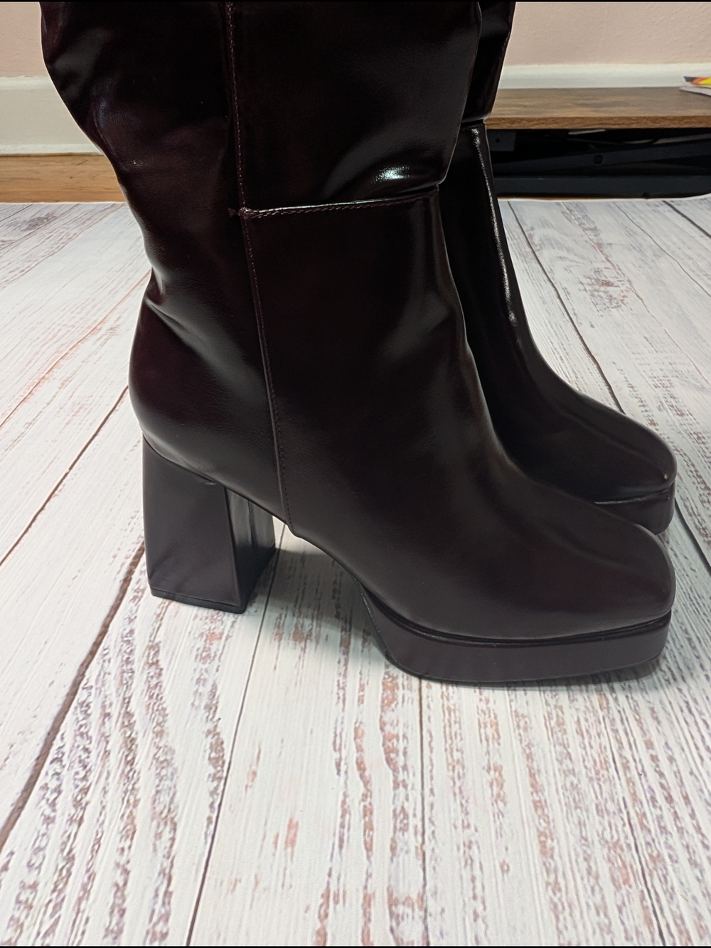Burgundy Faux Leather Knee High Platform Boots Chunky 3.5" Block Heel Size 7 - Picture 6 of 12